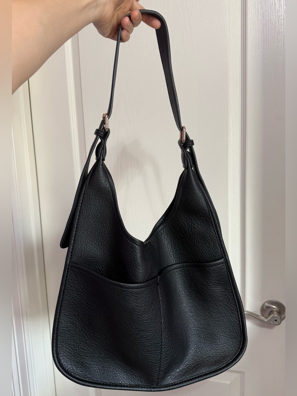 Black Pebbled Slouchy Hobo Shoulder Bag with Gold-Tone Hardware